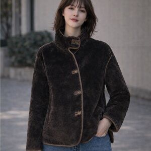 Women's Dark Brown Faux Fur Button Jacket